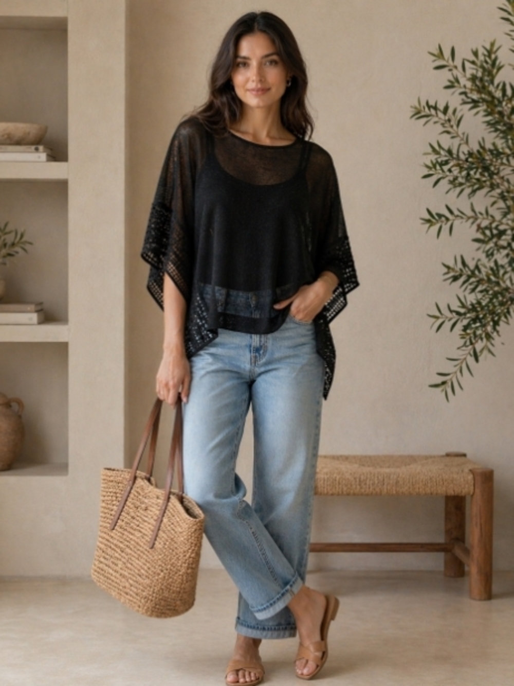 White House Black Market Sheer Knit Poncho Top with Lace Detail